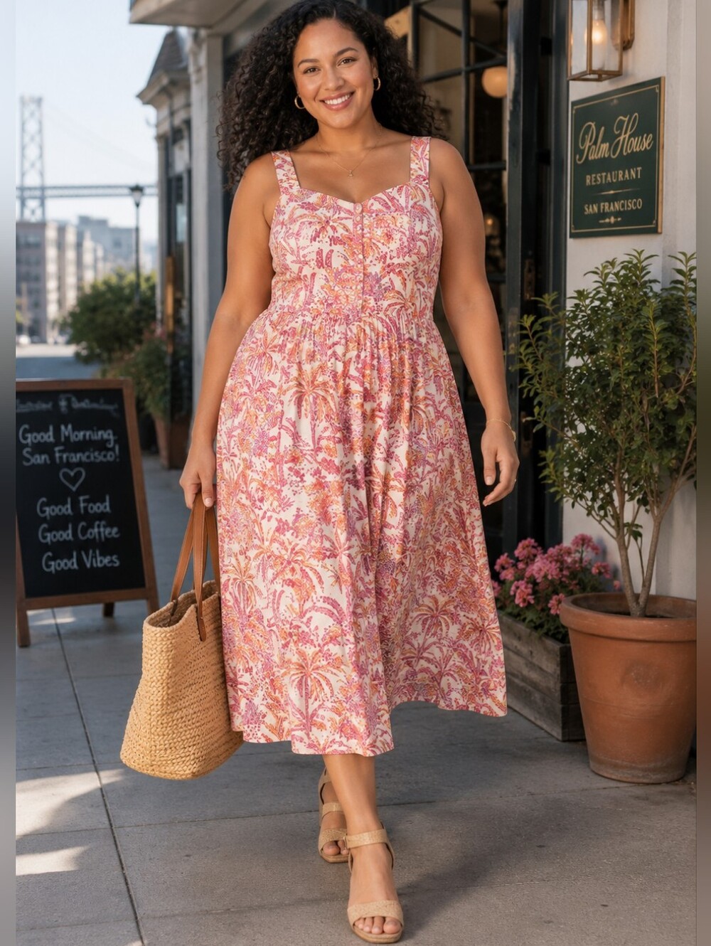 NWT Pink Tropical Print Empire Waist Midi Dress Size 16
